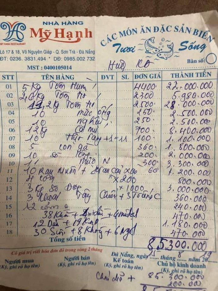 Nhà hàng ở Đà Nẵng lý giải hóa đơn bữa ăn hải sản 85 triệu đồng